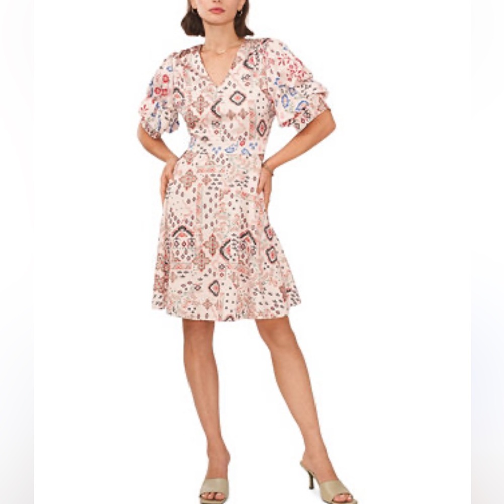 1.STATE Women's V-Neck Tiered Bubble Sleeve Short Dress Size Large